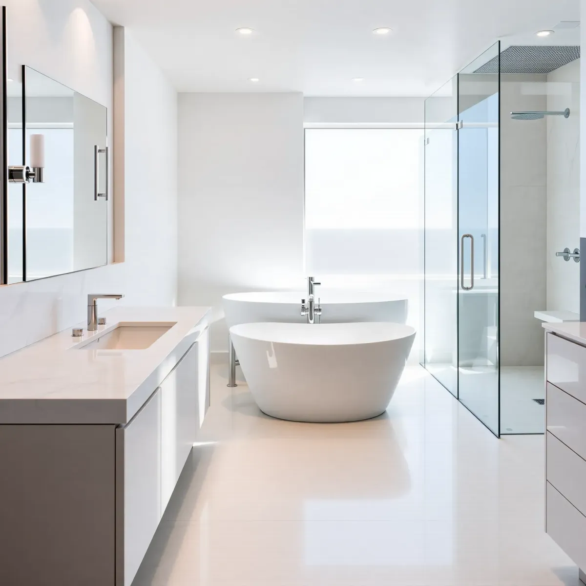 Remodeled Playa del Rey bathroom with sleek fixtures, elegant tile work, freestanding tub, walk-in shower, coastal view.