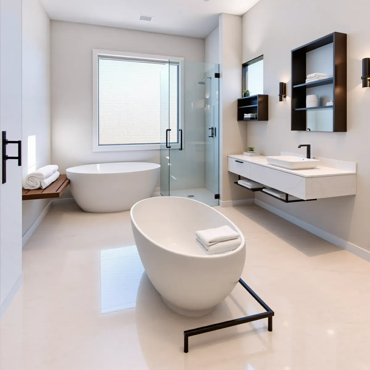 Renovated View Park bathroom with soaking tub, glass shower, double vanity, natural light, and modern luxury touches.