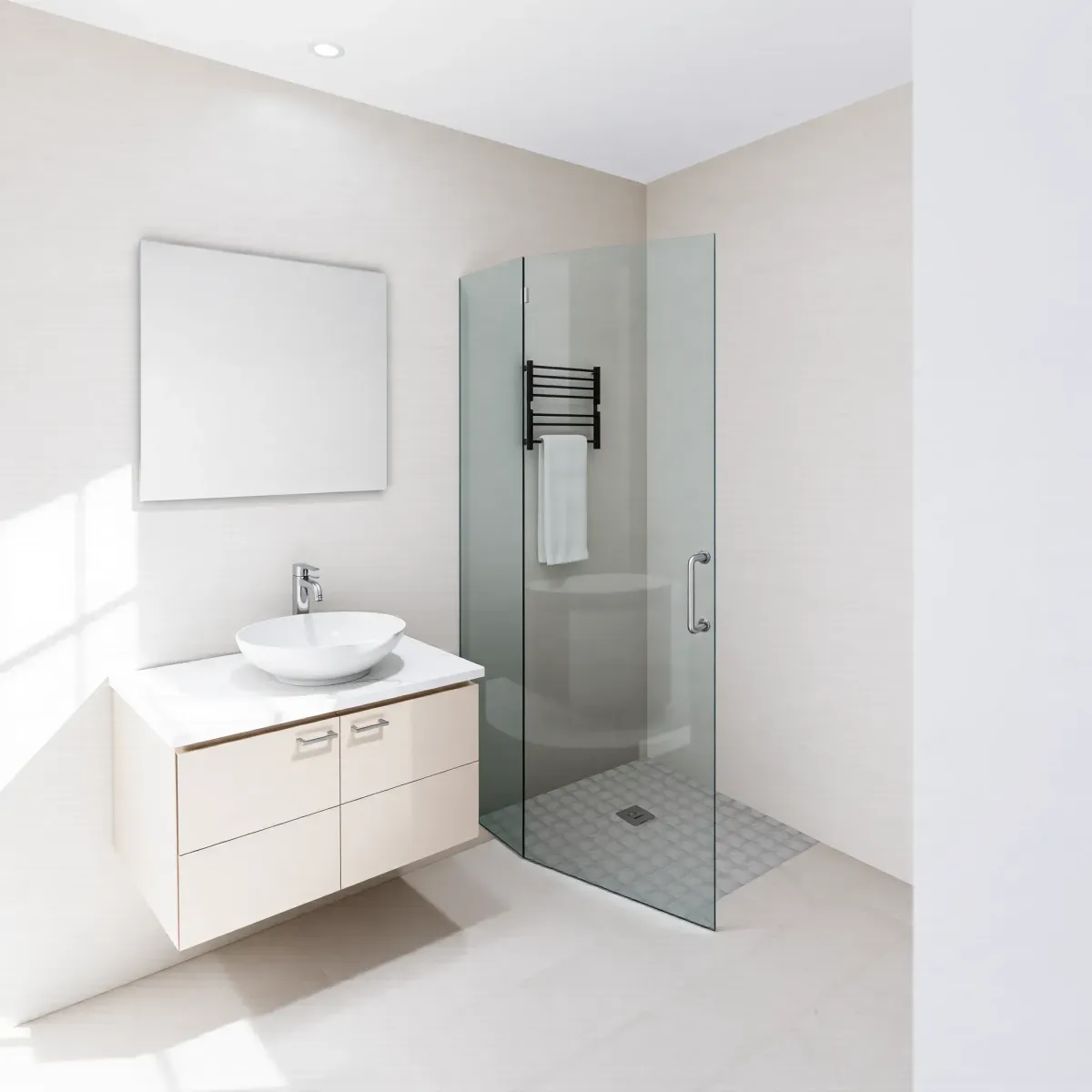 Renovated small Culver City bathroom with sleek fixtures, white marble vanity, glass shower, and modern minimalist design.