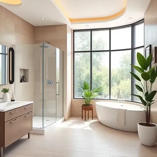 Modern accessible Los Angeles bathroom with walk-in shower, bathtub, non-slip floors, natural light, and sleek safety features