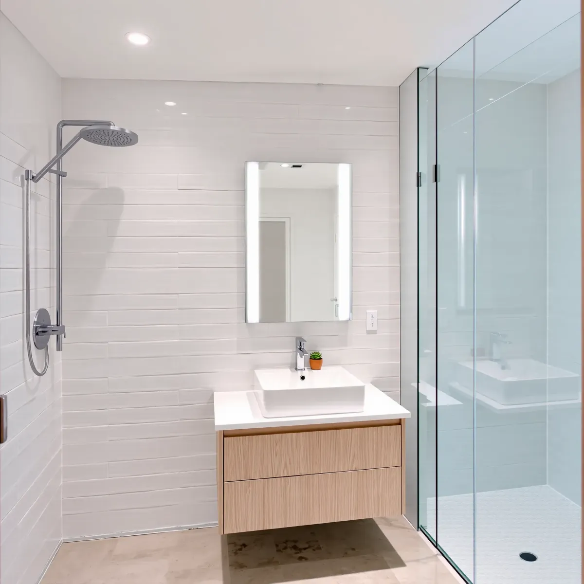 Small modern bathroom in Los Angeles with white subway tiles, floating vanity, glass shower, and bright LED lighting.