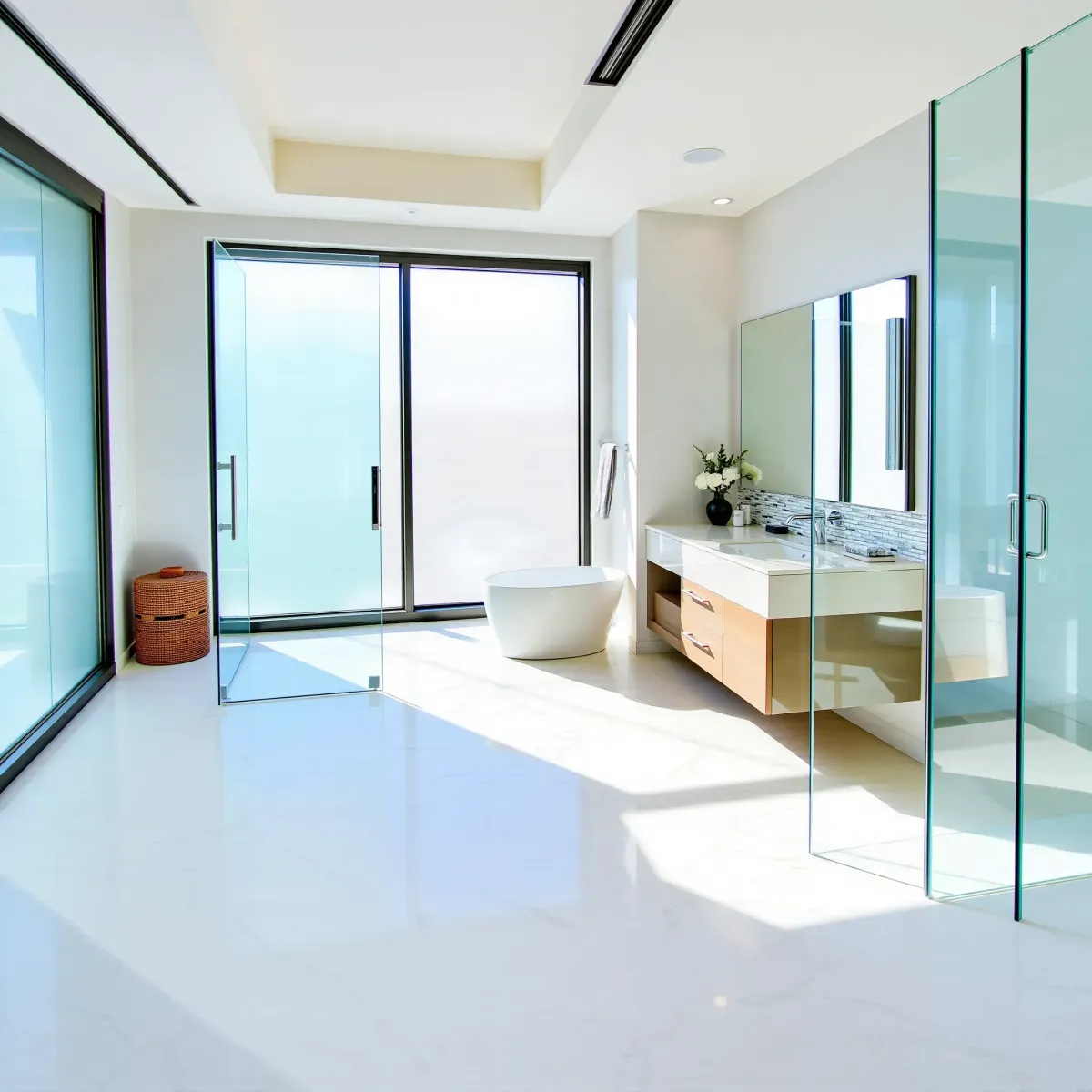 Remodeled South LA bathroom with walk-in shower, freestanding vanity, marble flooring, modern fixtures, and natural light.