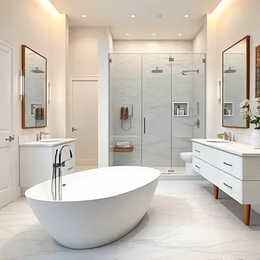 Completed bathroom remodel in Lawndale CA featuring freestanding tub, marble tiles, double vanity, and luxurious shower.