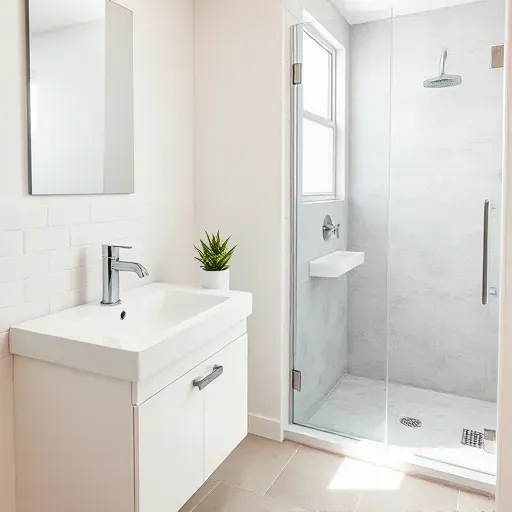 Beautiful renovated small bathroom in Hermosa Beach with modern design, white sink, glass shower, and coastal accents