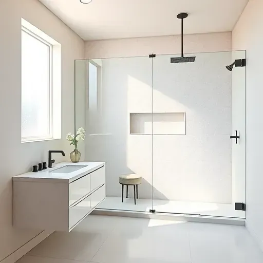 Modern small bathroom remodel in Playa Vista with marble vanity, glass shower, matte black fixtures, and natural light