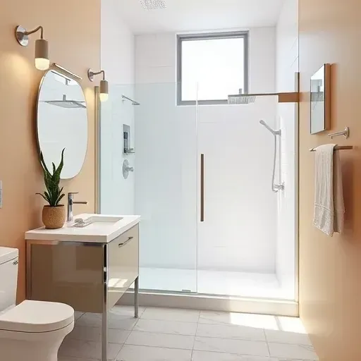 Small modern bathroom remodel in Inglewood CA with sleek fixtures, marble vanity, and warm neutral tones.
