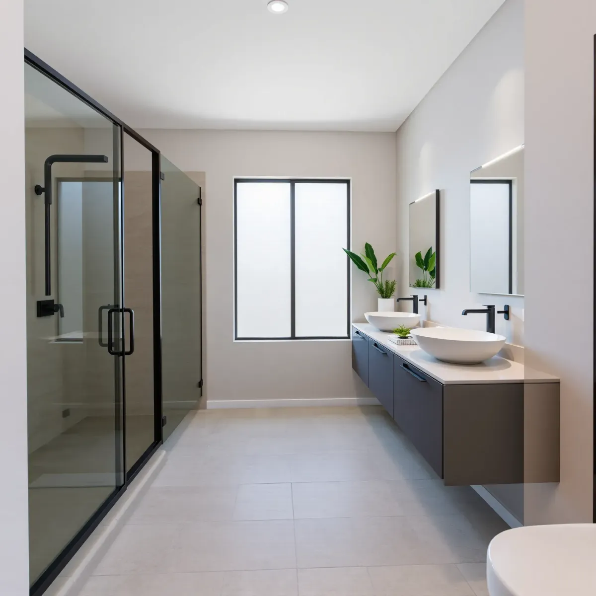 Modern Santa Monica bathroom with marble countertops, glass shower, coastal accents, and seaside views.