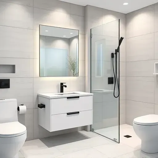 Remodeled small bathroom in Los Angeles with modern fixtures, minimalist design, and soft warm lighting highlighting elegance.