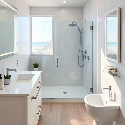 Remodeled Hermosa Beach bathroom with white marble countertops, glass shower, modern fixtures, neutral tiles, and scenic coastal view