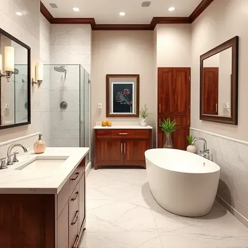 Luxurious Lennox CA bathroom remodel featuring marble countertops, chrome fixtures, walk-in shower, and freestanding tub.
