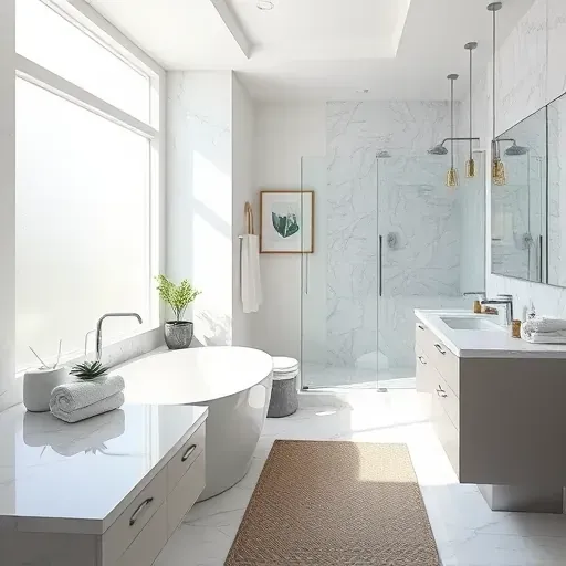 Spacious remodeled bathroom in Torrance CA with marble counters, a freestanding tub, and elegant fixtures.