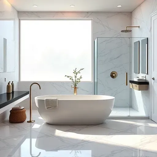 Elegant bathroom remodel in Wilmington CA featuring freestanding tub, walk-in shower, marble tiles, and stylish vanity.