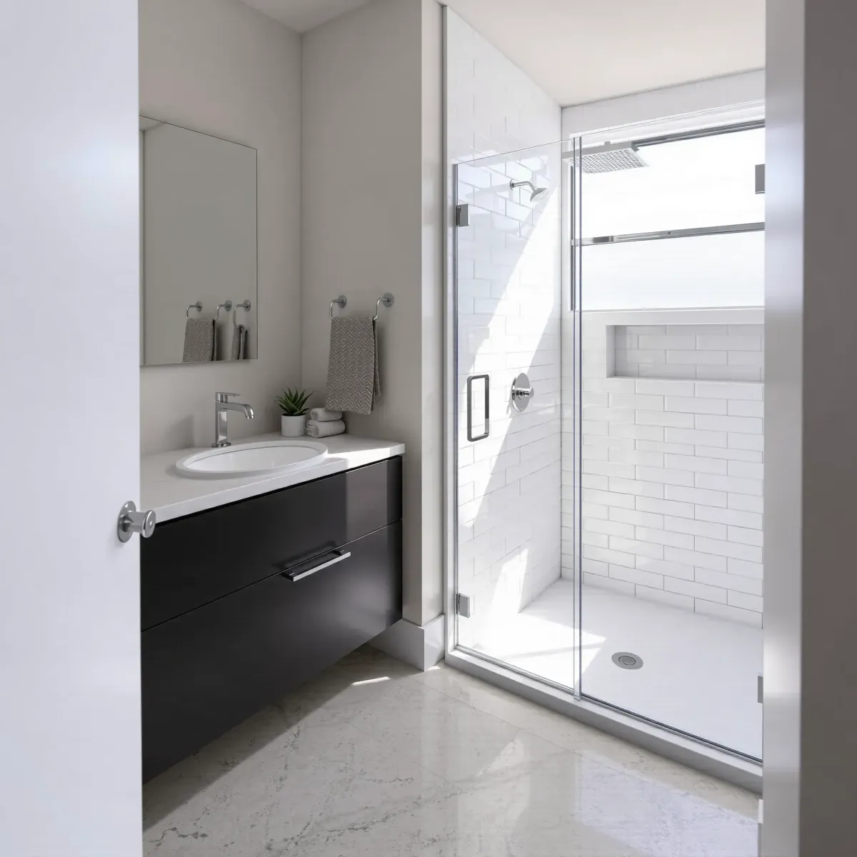 Recently remodeled Baldwin Hills small bathroom with modern fixtures, marble countertop, glass shower, and elegant tiling.