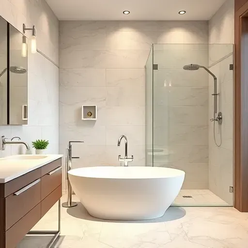Bathroom remodel in Compton CA featuring a freestanding tub, glass shower, elegant tile work, and calming neutrals.