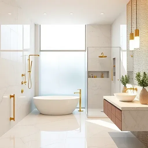 Luxurious Los Angeles bathroom with marble tiles gold fixtures freestanding tub glass shower floating vanity greenery and modern design