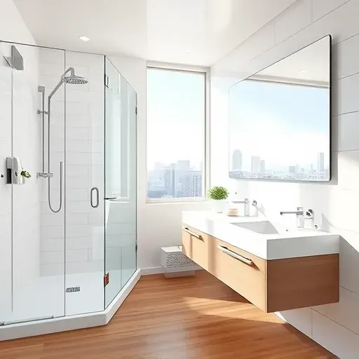 Small modern bathroom in Century City CA with glass walk-in shower, floating vanity, sleek fixtures, and sunny skyline views