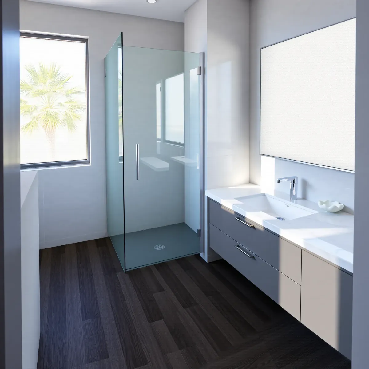 Small bathroom remodel in Santa Monica featuring a glass shower, floating vanity, ceramic tiles, and natural light.