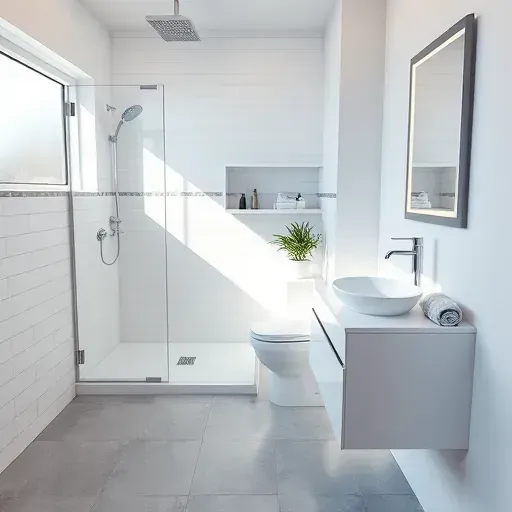 Small modern bathroom in Windsor Hills CA with white tiles, glass shower, quartz vanity, chrome fixtures, and natural light