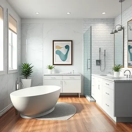 Completed bathroom remodel in Hawthorne CA featuring a freestanding tub, glass shower, and elegant fixtures.