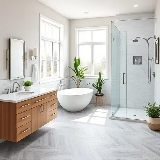 Stylish bathroom remodel in Lennox CA featuring modern classic design, white marble, freestanding tub, and vibrant plants.
