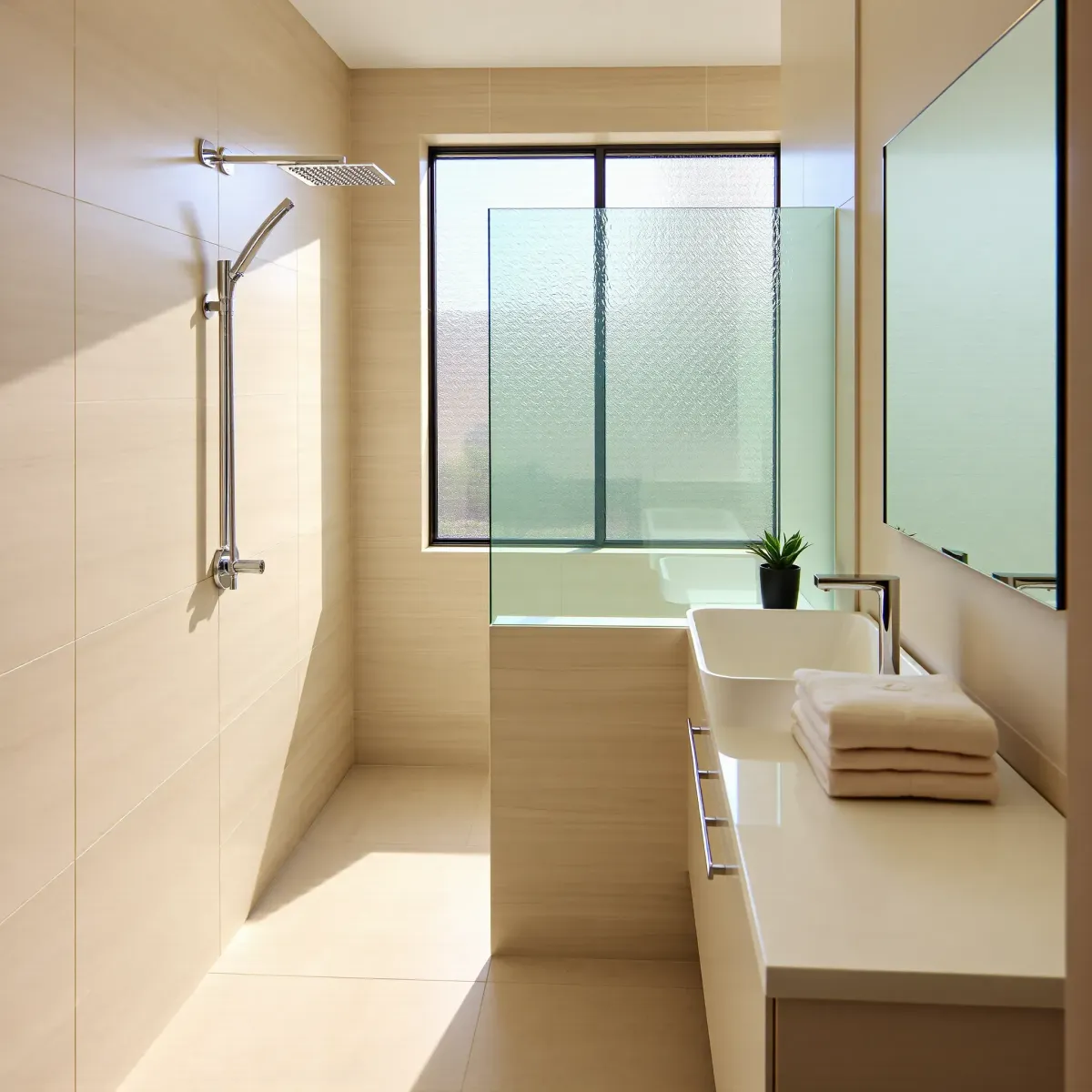 Small modern bathroom in Mar Vista, CA with neutral tiles, chrome fixtures, glass shower, plush towels, and lush backyard view.