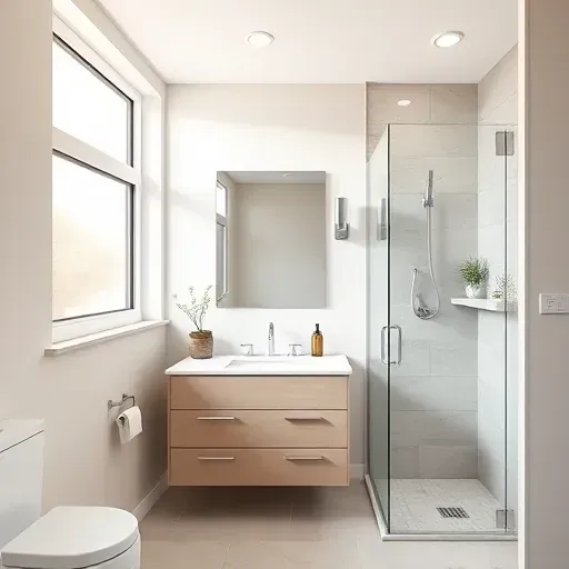 Remodeled small bathroom in Windsor Hills with modern fixtures, porcelain tiles, marble countertop, glass shower, and natural light