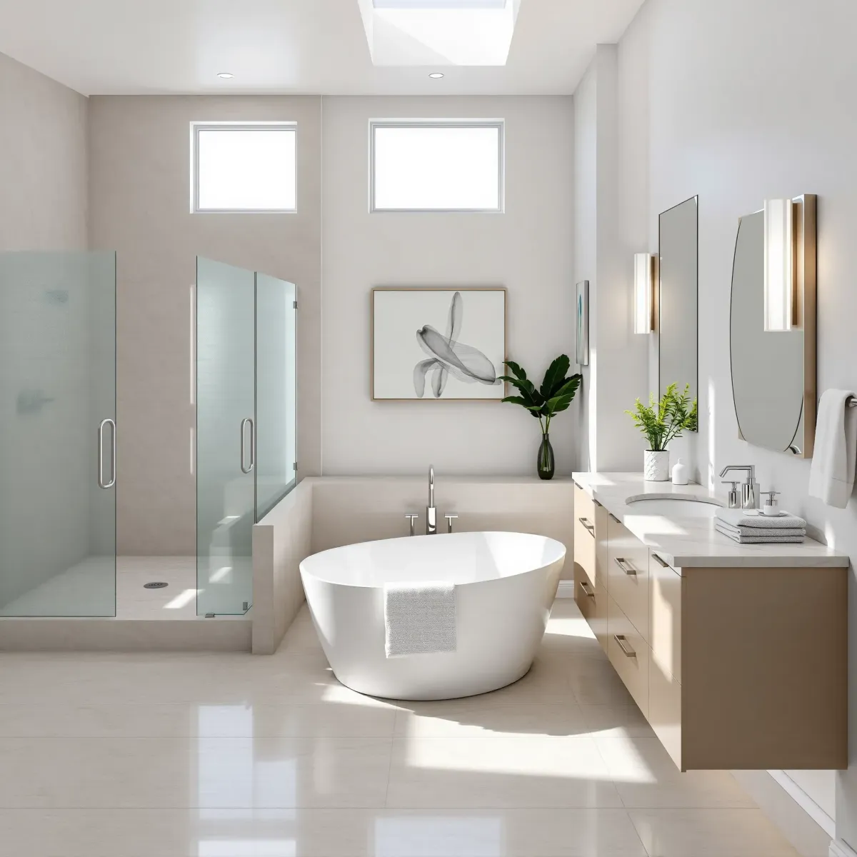 Modern South LA bathroom with walk-in shower, soaking tub, marble vanity, sleek design, natural light, and stylish details.
