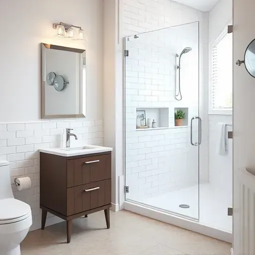 Modern small bathroom remodel in Gardena CA with elegant fixtures, ceramic tile floor, and bright airy design.
