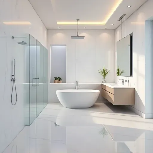 Modern bathroom remodel in Palms, CA with walk-in shower, freestanding tub, marble tiles, and elegant fixtures.