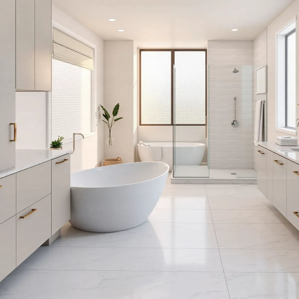 Remodeled Palms, CA bathroom with modern fixtures, glass shower, freestanding tub, marble vanity, and natural light.