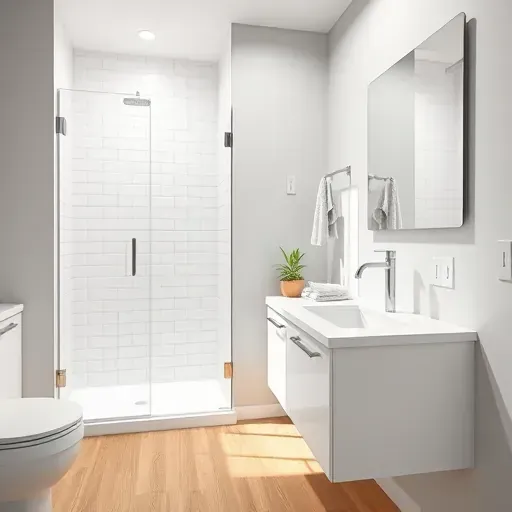 Recently remodeled small bathroom in Wilmington CA with modern fixtures, white tiled shower, marble vanity, and wood-look flooring