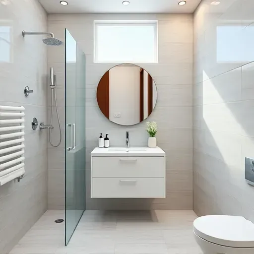 Renovated small Manhattan Beach bathroom with neutral tiles, glass shower, minimalist vanity, LED mirror, coastal decor