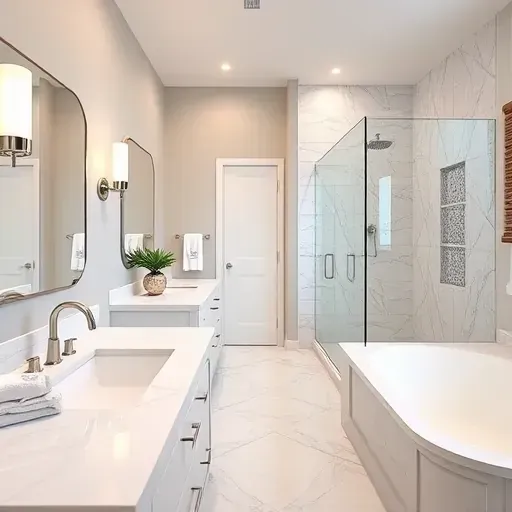 Completed bathroom remodel in Lennox CA with modern fixtures, marble countertops, soaking tub, and glass walk-in shower.