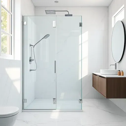 Recently replaced modern glass shower door with chrome hardware in a sleek Los Angeles bathroom featuring white marble tiles and elegant fixtures