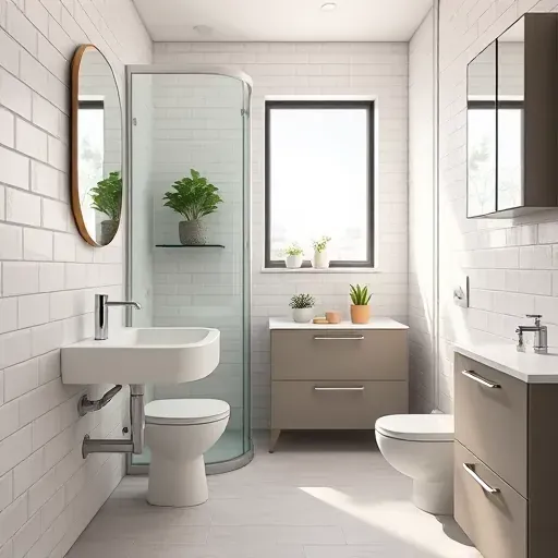 Small modern bathroom remodel in Los Angeles featuring sleek fixtures, stylish shower, and neutral subway tile accents.