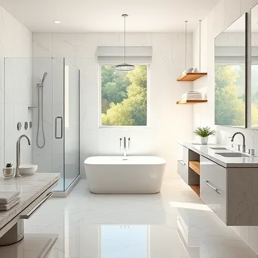 Completed bathroom remodel in Westchester, CA features modern design, spacious walk-in shower, freestanding tub, and marble tiles.