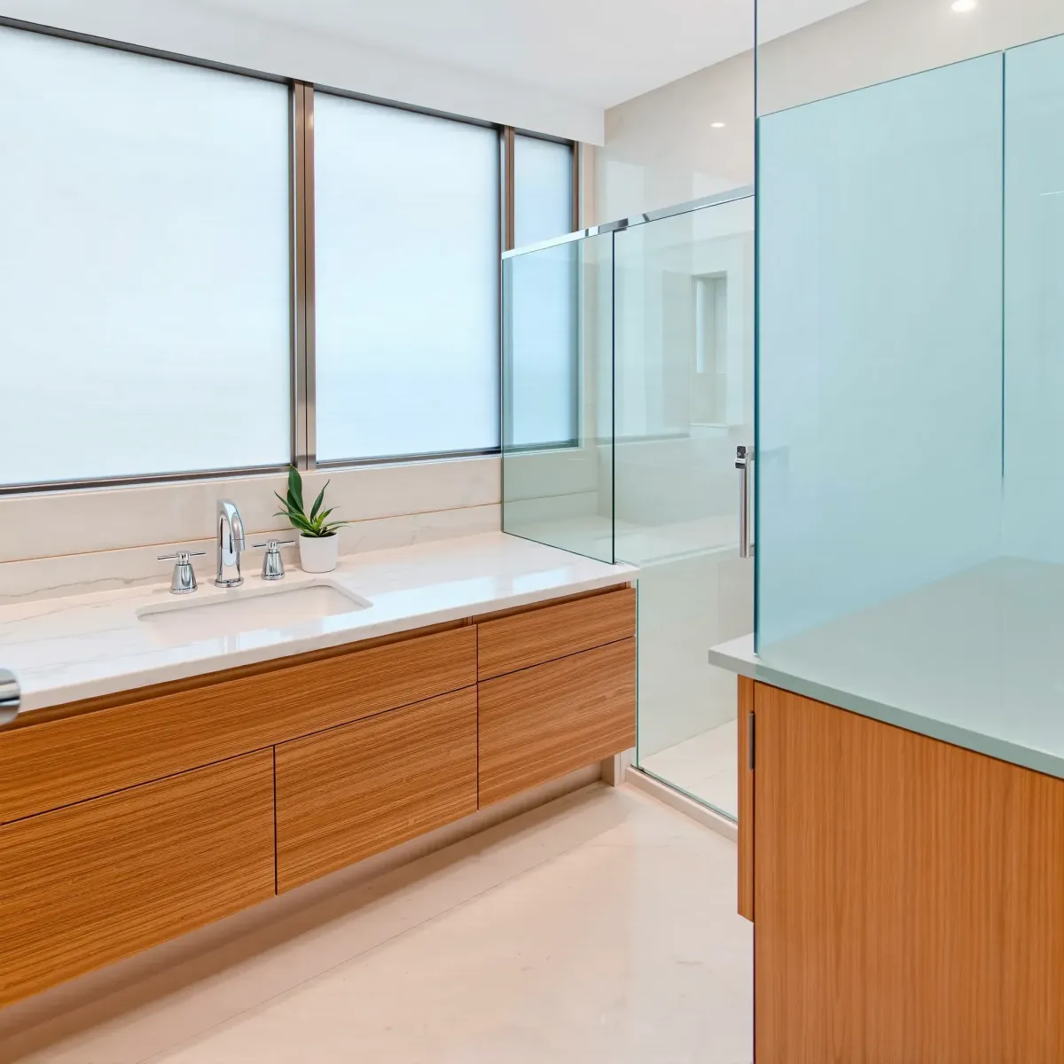 Remodeled Baldwin Hills small bathroom with modern fixtures, marble countertop, glass shower, warm wood cabinetry, and natural light.