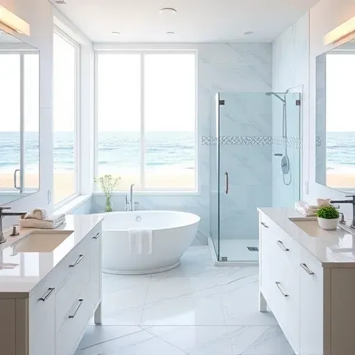 Bathroom remodel in Redondo Beach featuring modern design with soft blue tiles, freestanding tub, and walk-in shower.