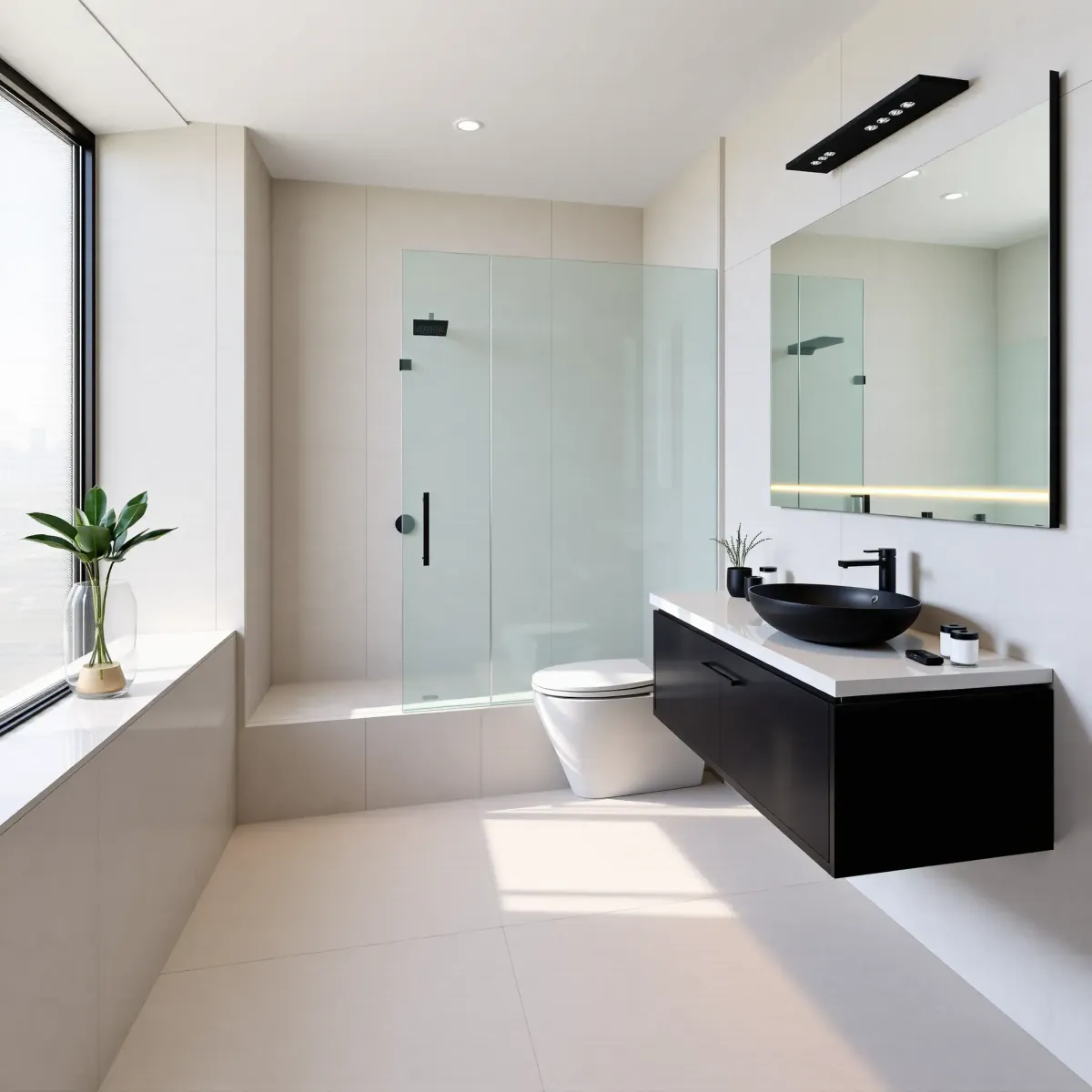 Renovated Century City bathroom with modern tiles, glass shower, floating vanity, backlit mirror, and black fixtures.