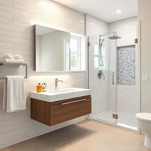 Modern small bathroom in Hawthorne CA with floating marble vanity, frameless mirror, subway tiles, glass shower, and sleek fixtures