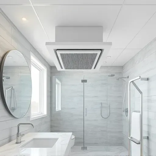 Recently installed ceiling exhaust fan in a modern Los Angeles bathroom with sleek fixtures, marble countertop, and tiled walls