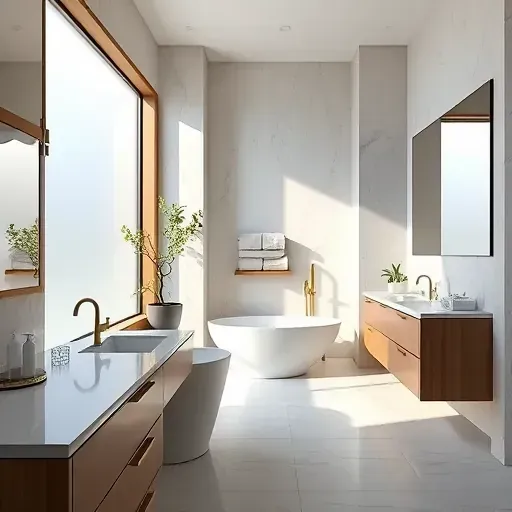 Modern bathroom remodel in Lomita CA with freestanding tub, frosted glass, and elegant stone countertops.