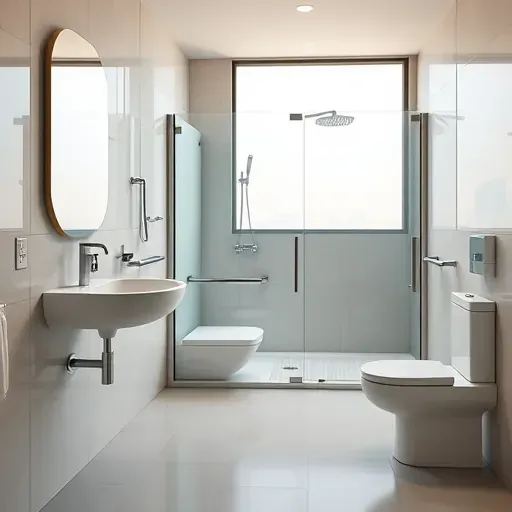 Modern accessible bathroom in Los Angeles with spacious design, large frosted windows, stylish fixtures, roll-in shower, and safety features