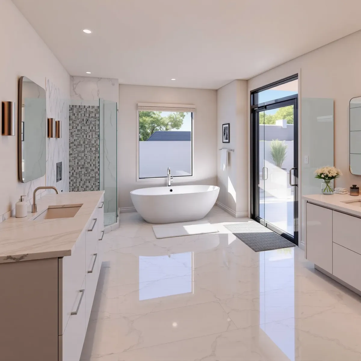 Beautiful Baldwin Hills bathroom with modern fixtures, freestanding tub, marble tiles, and lush backyard view.