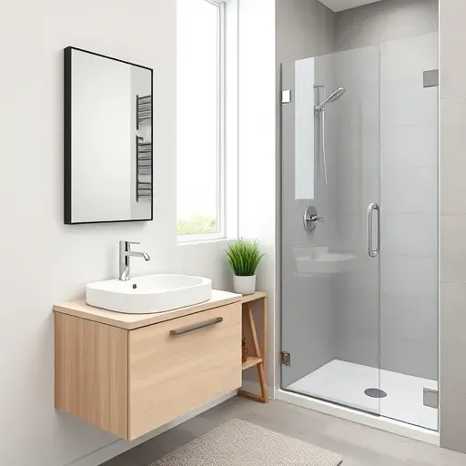 Renovated small bathroom in Lennox CA featuring a modern design with a white ceramic sink, black framed mirror, light wood vanity, quartz countertop, glass shower, gray tiles, and natural light.