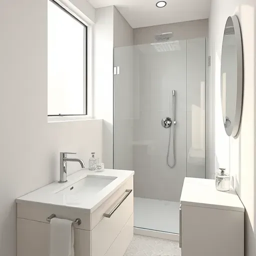 Newly renovated small bathroom in West Los Angeles with modern fixtures, frameless shower, and minimalist design.