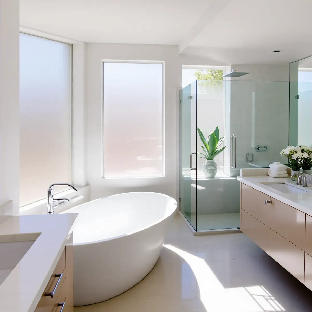 Modern Venice, CA bathroom with sleek fixtures, glass shower, freestanding tub, coastal touches, and coastal neighborhood views.