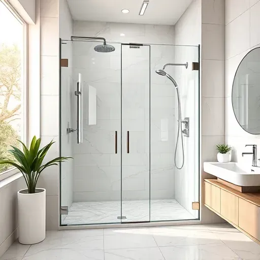 Spacious Los Angeles walk-in shower with glass panels, chrome fixtures, marble tiles, natural light, modern bathroom.