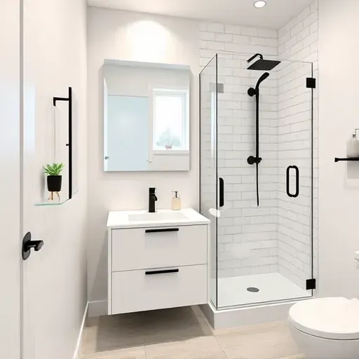 Renovated small bathroom in Wilmington CA with sleek fixtures, matte black accents, white quartz vanity, frameless shower, and coastal decor