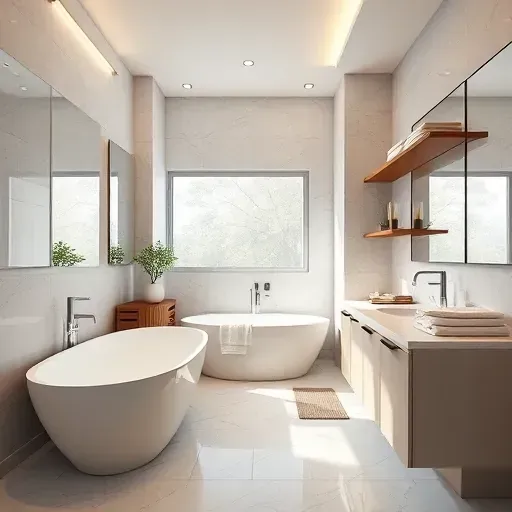 Modern bathroom remodel in Rancho Park CA with freestanding tub, marble counters, and warm wood accents inviting tranquility.